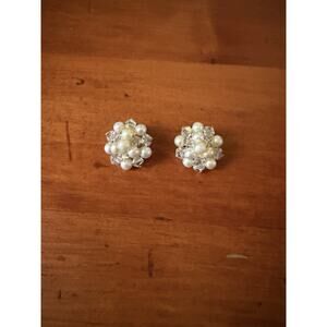 Vintage Faux Pearl Crystal Cluster Clip-On Earrings Mid Century Floral Style